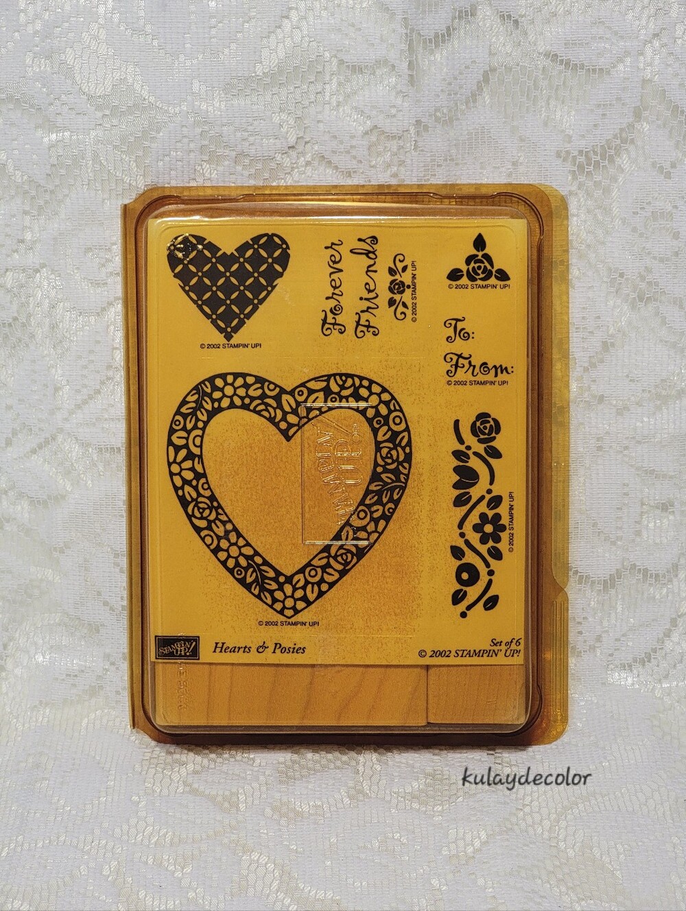 Retired Vintage 2002 Stampin’ Up! Hearts & Posies Rubber Stamp Set of 6 NEW Wood